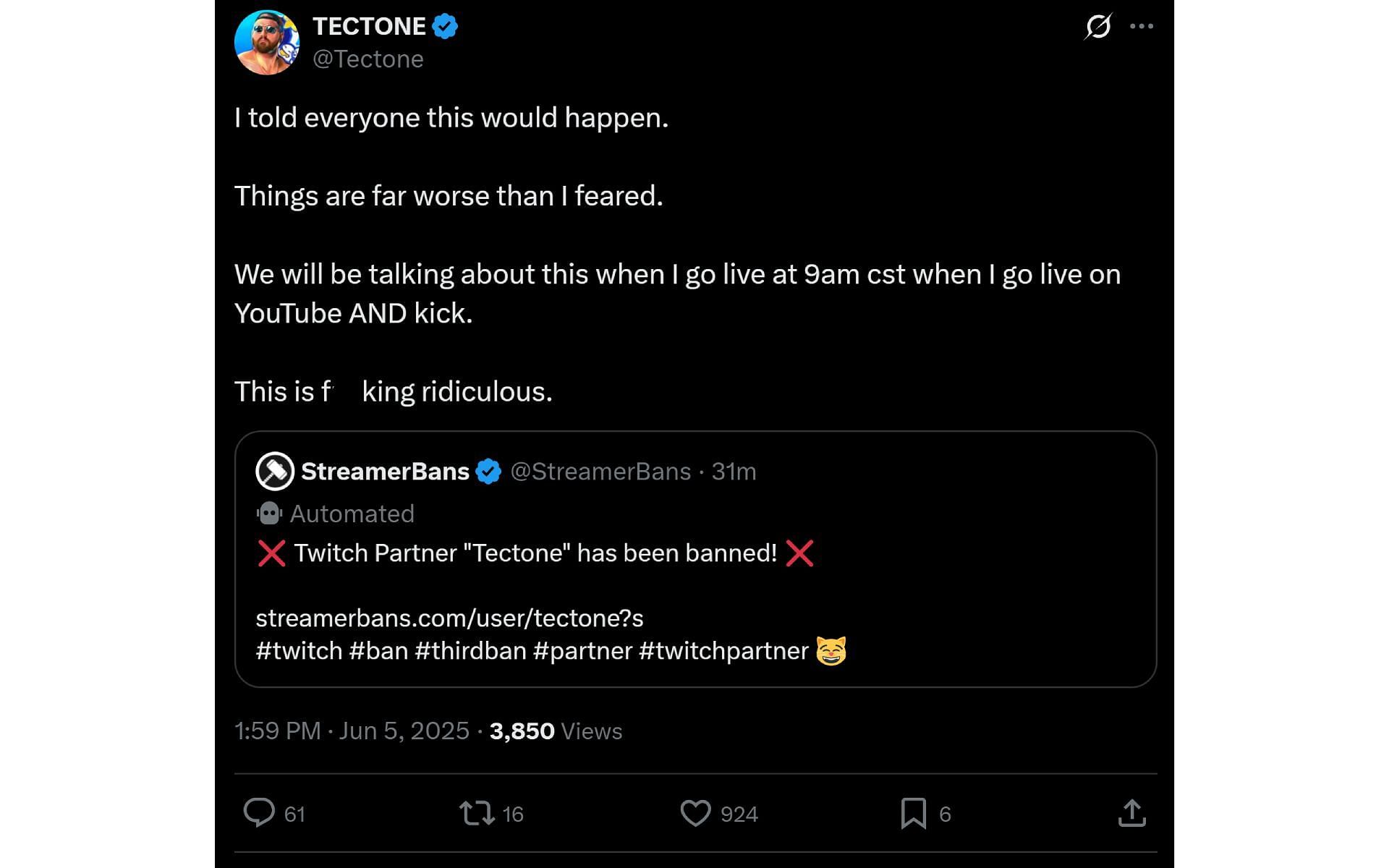 The streamer addresses his Twitch ban (Image via X/@Tectone)